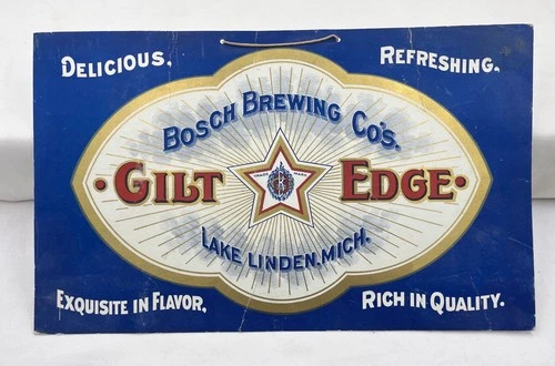 RARE Vintage 1910s Bosch Brewing Co Gilt Edge Beer Sign Lake Linden MI Cardboard