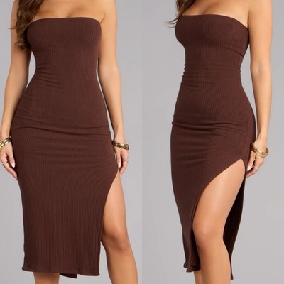 Windsor Brown Ribbed Strapless Bodycon Side Slit Midi Dress Size XS