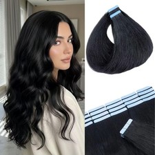 Jet Black Tape-In Human Hair Extensions Invisible Silky Remy Hair Long