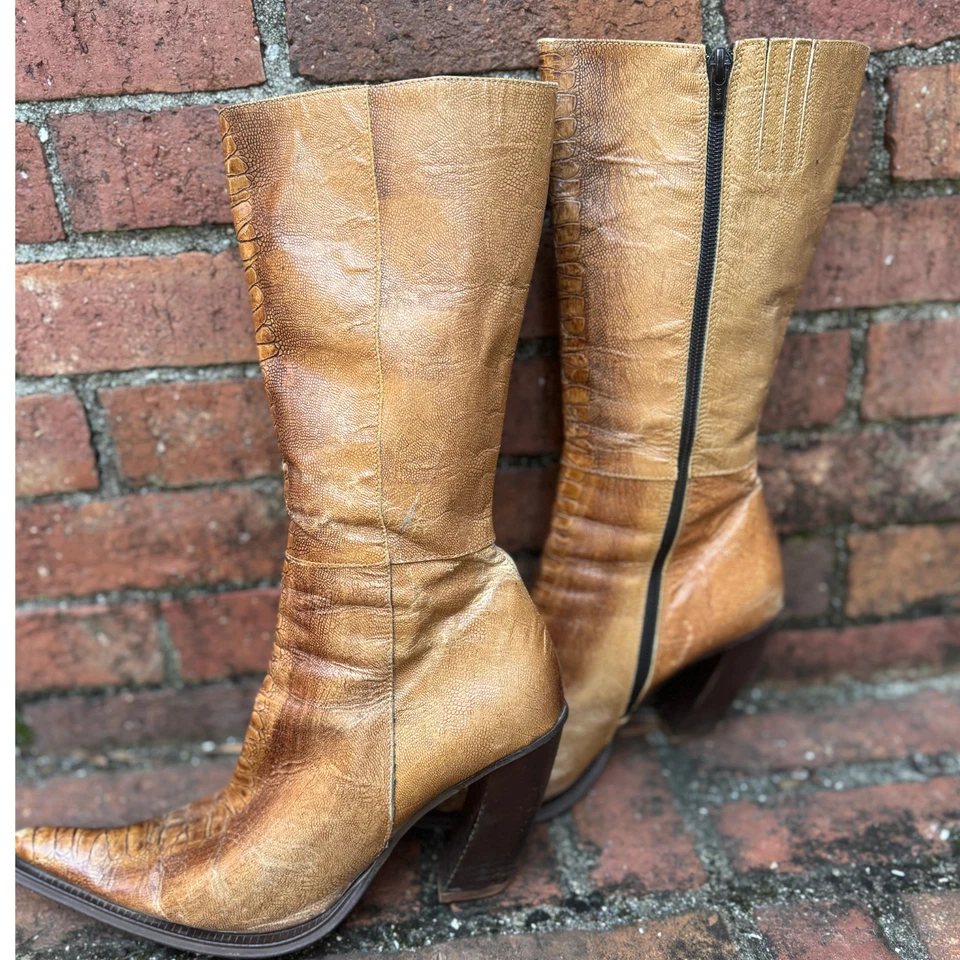 Made in Italy Leather Mid-Calf Boots EU 39 US 8.5/9 Cognac Pointed Toe Heel - Image 3 of 4