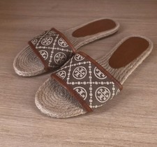Tory Burch Monogram Espadrille Flat Slides Tan Size 37.5