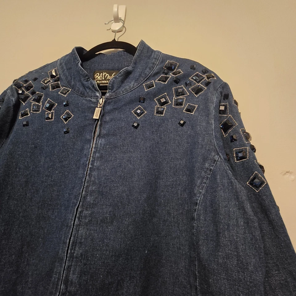Chaqueta De Colección Bob Mackie Usable Arte Azul Denim Cremallera Mujeres LG Estrás Artística Foto 3 de 4
