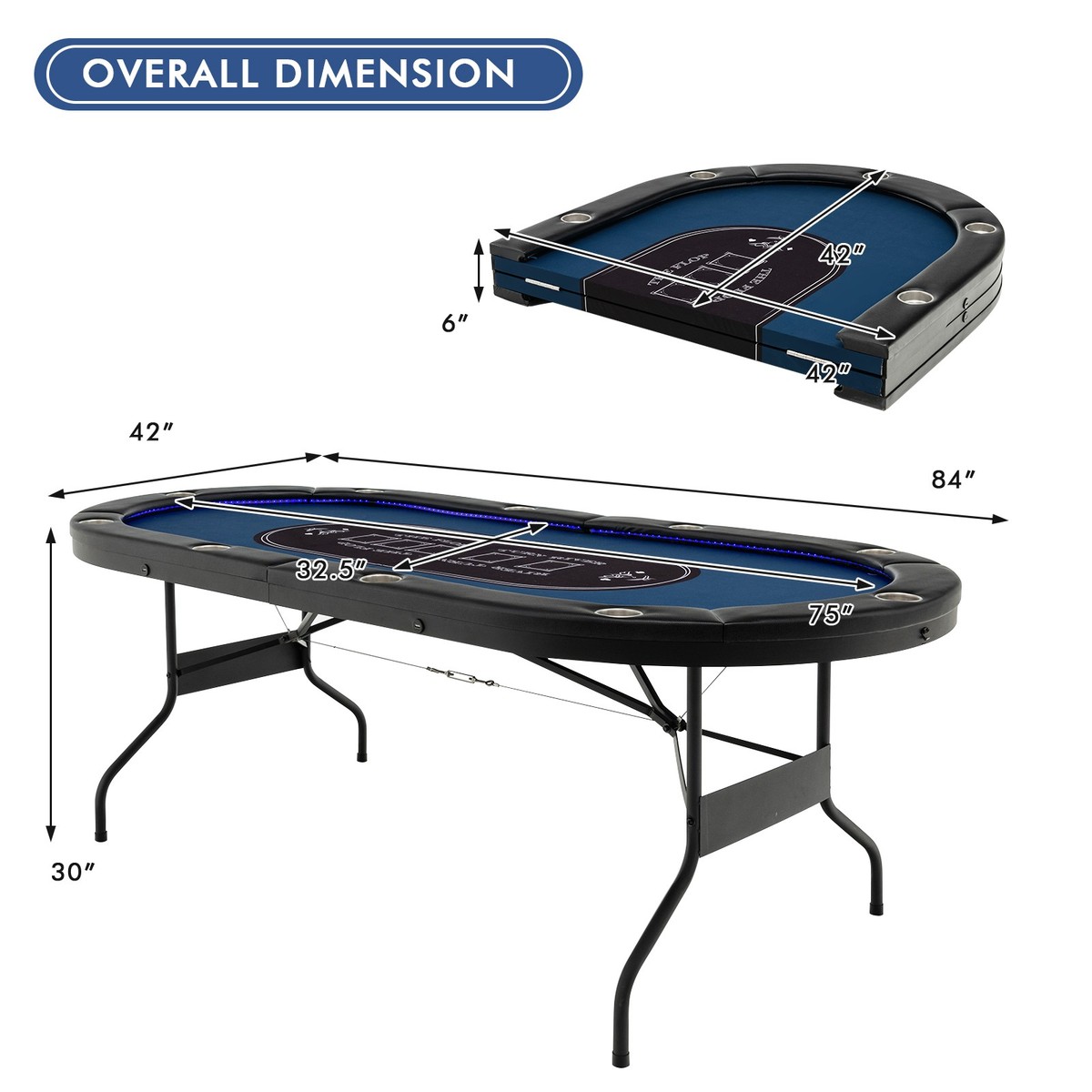 10人用LEDポーカーテーブル　　 スマートフォン充電用USBポート付き Foldable 10 Player Poker Table Casino Texas Holdem W/ LED