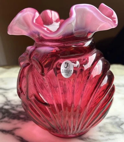 Fenton Art Glass Cranberry + White Caprice Drape Bow Vase Mint Ruffled Edge ***