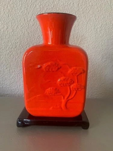 FRANKOMA JONIECE FRANK V-14 10" FLAME RED VASE BONSAI BLACK Base 2465