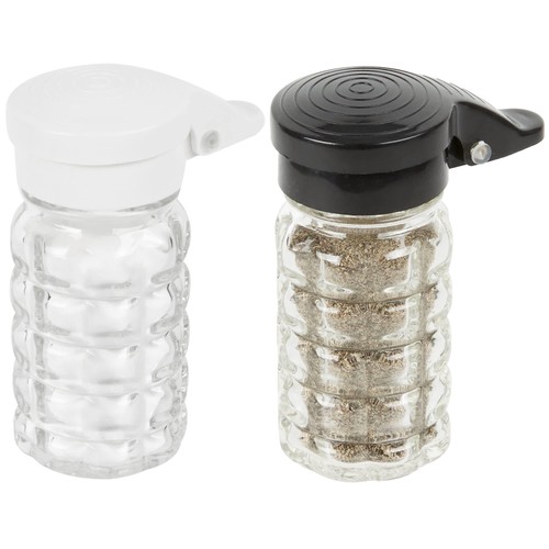 Tablecraft Moisture Proof Salt & Pepper Shakers - 1.5 Oz - Glass w/Black 