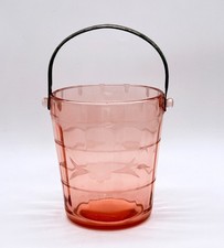 Pink Depression Glass Ice Bucket w/Etched Floral Design & Metal Handle