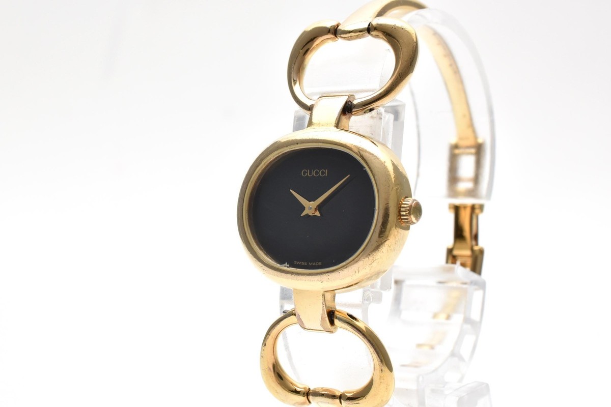 Exc 5 GUCCI 1600 Gold 26mm Black Dial Bangle Quartz Women's Watch