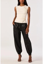 Women's Genuine Leather Jogger Pants Black High Waist Elastic Waistband Casual