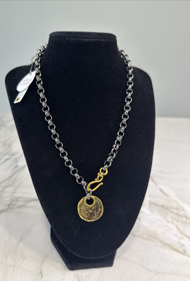 Chavez for Charity 18'' Ancient Coin Front Clasp Rolo Necklace Signed CFC Bead