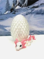 3D Printed Baby Dragon in Egg, Articulated White Axolotl Baby Dragon, Fidget Toy