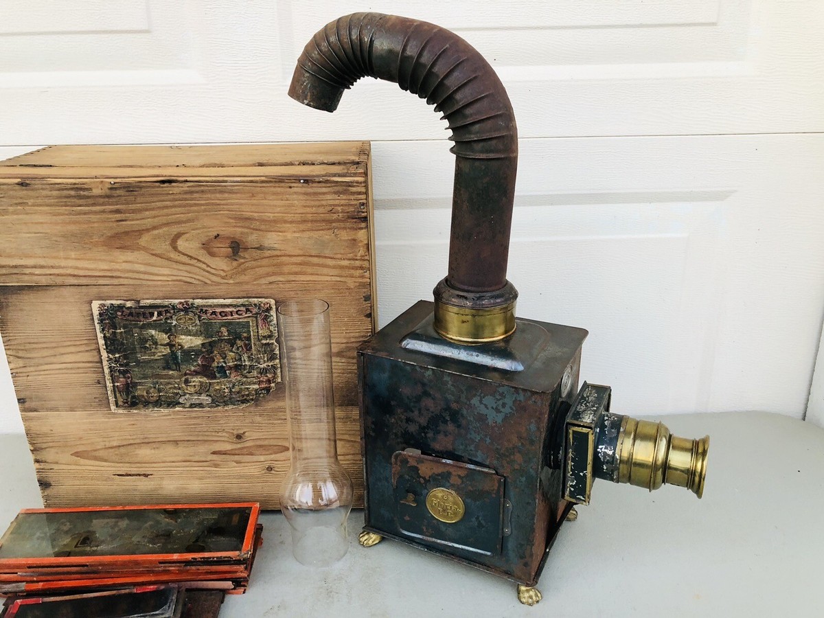 Antique Oil Lamp Magic Lantern Laterna Magica Gloria Glass Slides