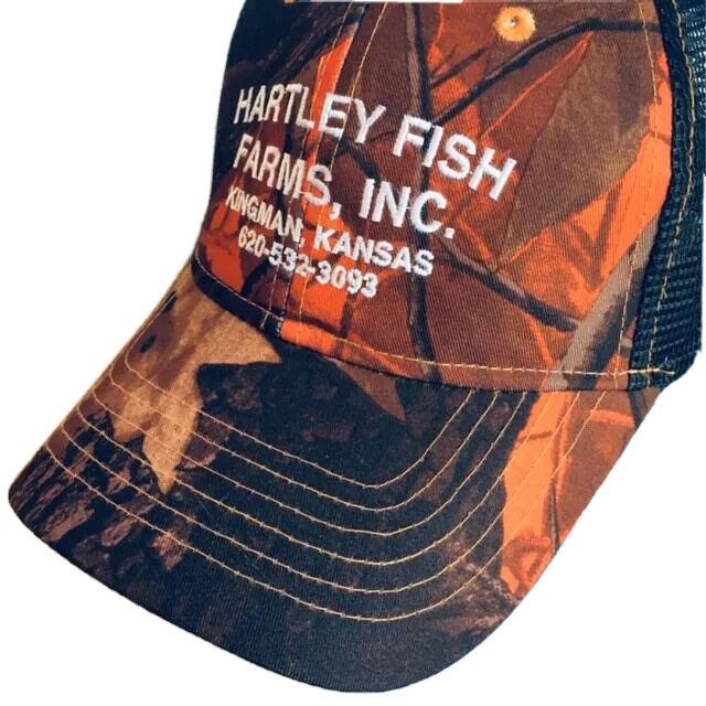 Fishing Trucker Hat Hartley Fish Farms Logo Orange Ad… Gem