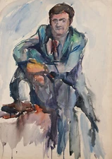 Vintage original watercolor painting men portrait