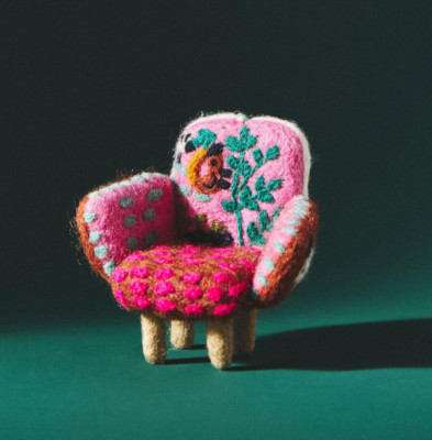 Anthropologie Accent Chair Ornament Embroidered Whimsical Motif Pink Wool NEW