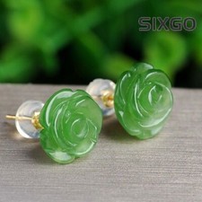 Earrings Hand Carved Green Jade Rose Flower Healing Dainty Elegant Stud Women