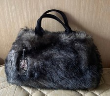 Prada Black Dark Gray Faux Fur Tote Bag Triangle Logo Key Ring Used From Japan !