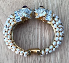 Vintage Kenneth Jay Lane Faux Pearl Cabochon Double Head Koi Fish Cuff Bracelet