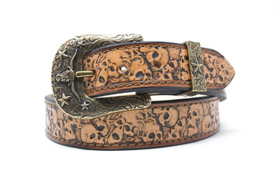 HandTooled Skull Belt, (1.5  ) Hand Painted Belt with Removable Western Buckle