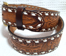 Vtg Tony Lama Tooled Leather BELT Western Cowhide Acorn Leaves Laced Edge Sz 34