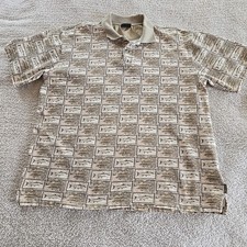 Woolrich All-Over Fish Print Textured Polo Shirt Casual Golf Beige Green Size L