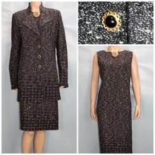 ST JOHN Collection Black White Jacket Dress L Size 10 12 2pc Suit Buttons Collar