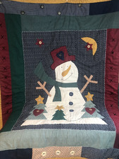 Quilt, 57" x 46", Snowman, Buttons, Vintage, Christmas, Green, Red, Yellow, Blue