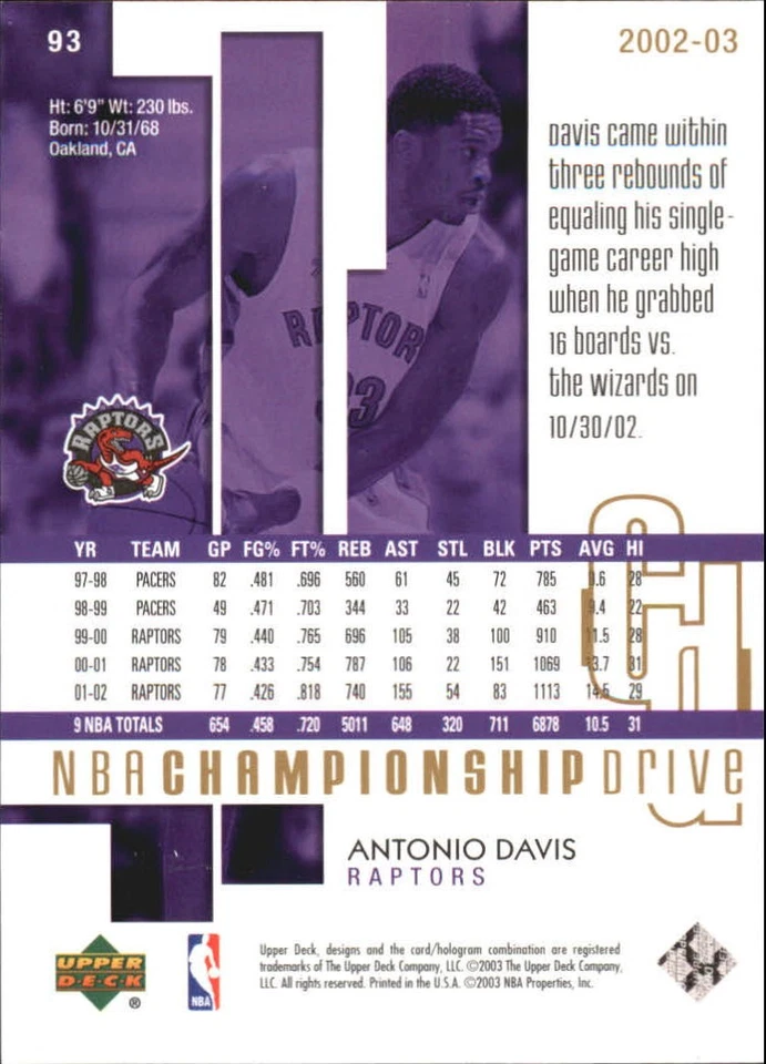 2002-03 Upper Deck Championship Drive Parallel #93 Antonio Davis /125 - BSK - Image 2 of 2