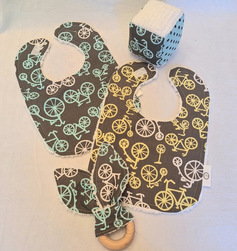 Boutique Bicycles Chenille Bibs,  Teether, And Block Rattle Set