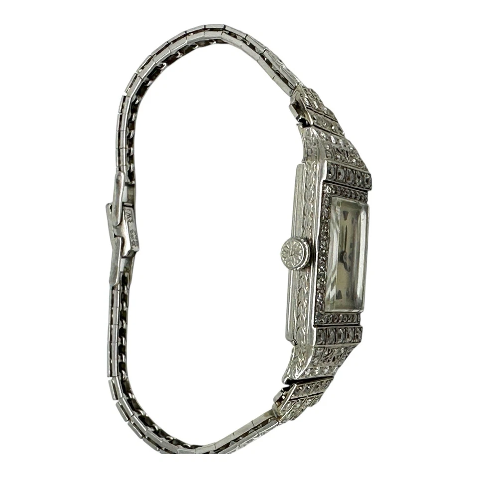 Reloj Art Deco Platino 3.50Ct Diamante VS-F, 18-Joyas Cuerda Manual Foto 2 de 4