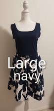 Vetior Womens Dress Size Large White Navy Mid Length Flower Pockets Cotton GUC