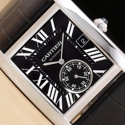 CARTIER TANK MC W5330004 34MM BLACK ROMAN STAINLESS STEEL LEATHER