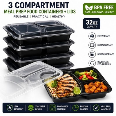 3 Fach Meal Prep Behälter mit Deckel Wiederverwendbar Lebensmittel Boxen Mikrowellengeeignet