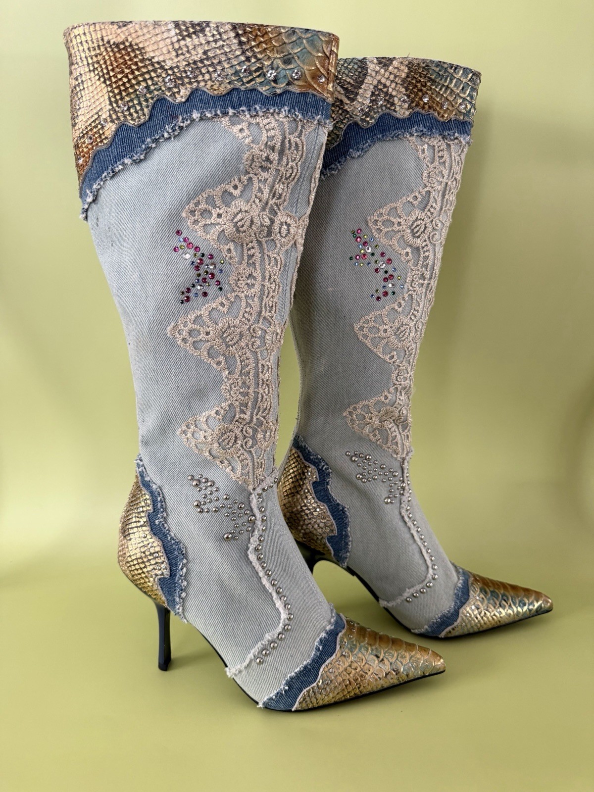 Jeffrey Campbell Python Denim Lace Embellished Kn… - image 1