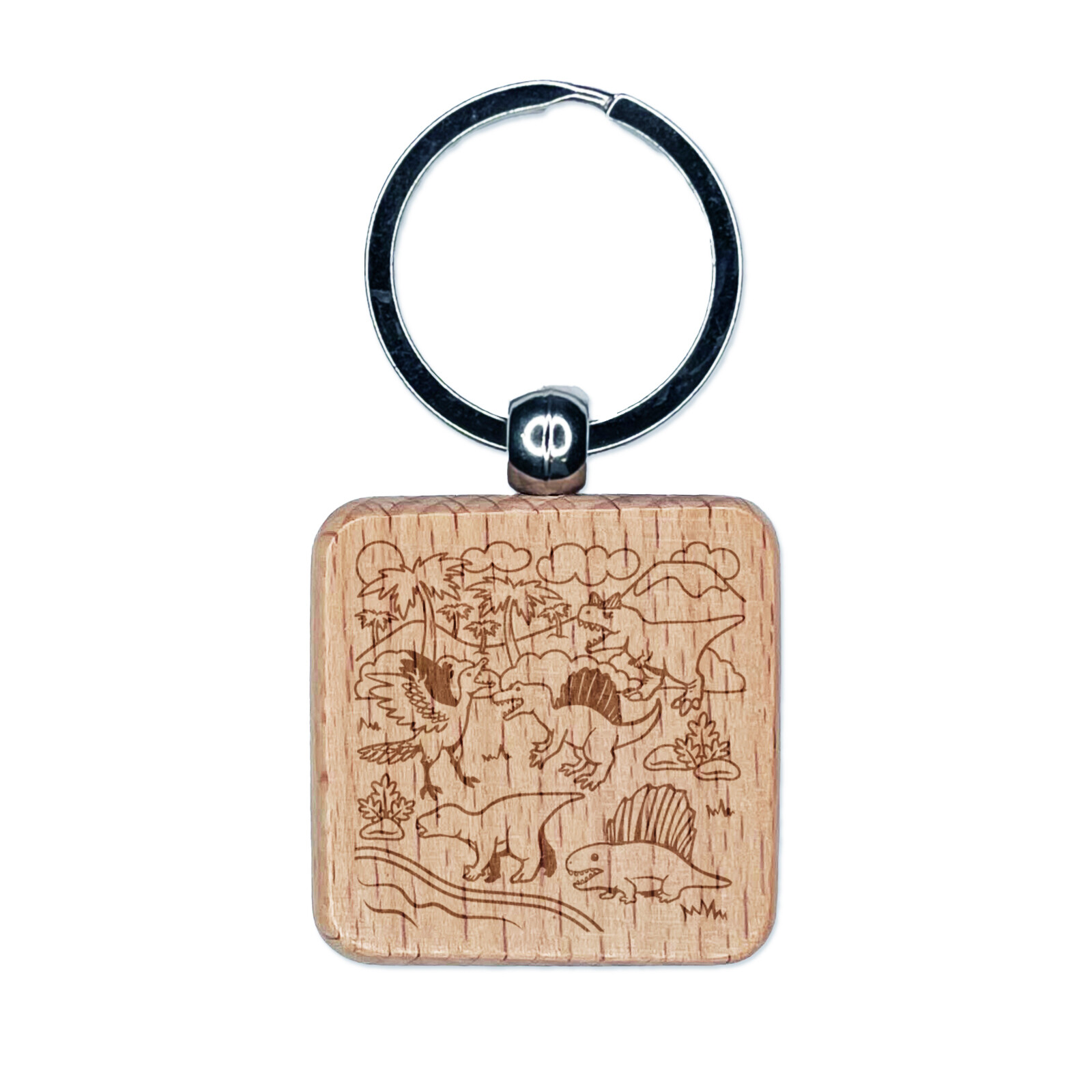 Dinosaurs Landscape Engraved Wood Square Keychain Tag Charm
