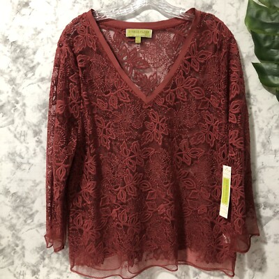 Sigrid Olsen V Neck Lace Top Womens Size Large Embroidery Long Sleeve Tunic