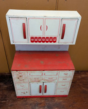 Vintage 1950s Wolverine Tin Kitchen Cabinet Child Toy Litho Red White Hutch