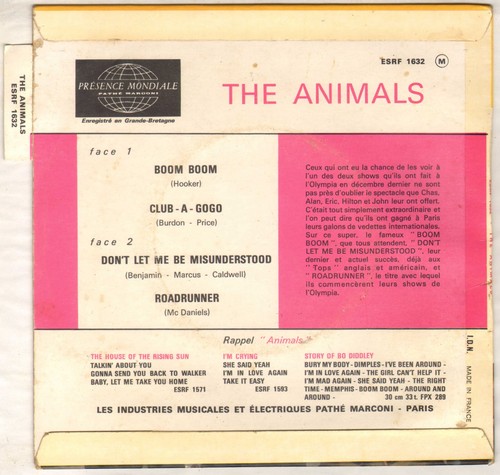 THE ANIMALS "BOOM BOOM" EP 1965 COLUMBIA ESRF 1632 - Picture 2 of 4