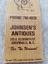 Vtg Matchbook Cover Greenville NC Johnsen's Antiques For the Unusual