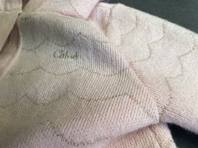 chloe Designer rosa weiche Jacke Kapuzen Cardigan Lurex Goldfäden Strickwaren