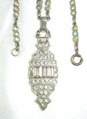  ART DECO C: 1920's Pot Metal Necklace Antique Clasp Paste Rhinestones Baguette!
