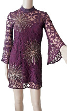 Free People Womens Mini Dress Sz 0 lace Sequins Bell Long Sleeve Burgundy 