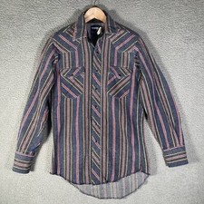 Wrangler Pearl Snap Button Up Shirt Long Sleeve Plaid Blue Heavy VTG Mens 15