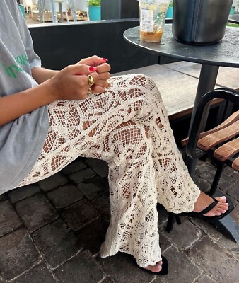 NWT_ZARA ECRU FLARED CROCHET TROUSERS PANTS COTTON SIZE M NWT_ZARA ECRU FLARED CROCHET TROUSERS PANTS COTTON SIZE M