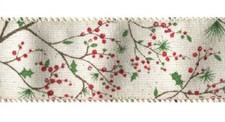 Holly Berry Branches Ivory Solid Wired Ribbon 25 yards NEW christmas holiday