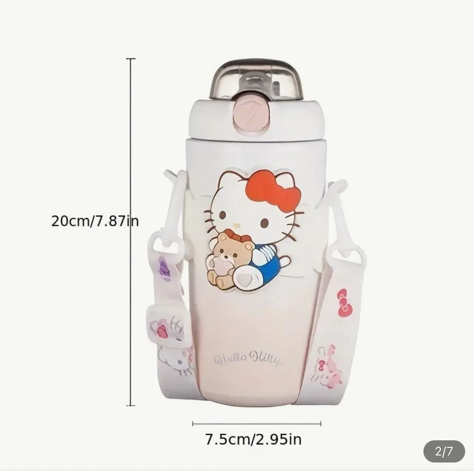 Termo Hello Kitty Sanrio 30 oz aislante acero Kawaii botella de agua con correa Foto 3 de 4