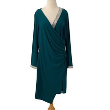 MSK Emerald Rhinestone Asymmetrical Cocktail Evening Long Sleeve Wrap Dress XL