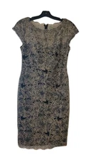 Joseph RIBKOFF Lace Dress Sz 6 Black & Silver Metallic Cap Sleeve Evening Formal