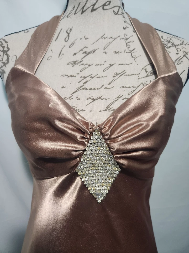 Vintage Jessica McClintock Gunne Sax. Size 7/8. Metallic Bronze. Halter. Ruching - Image 2 of 4