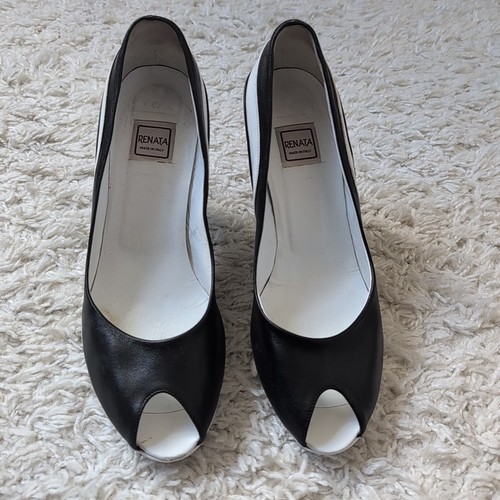 Renata High Heel Shoes Peep Toe Made In Italy EU41 UK8 Vtg Black White - Picture 3 of 9